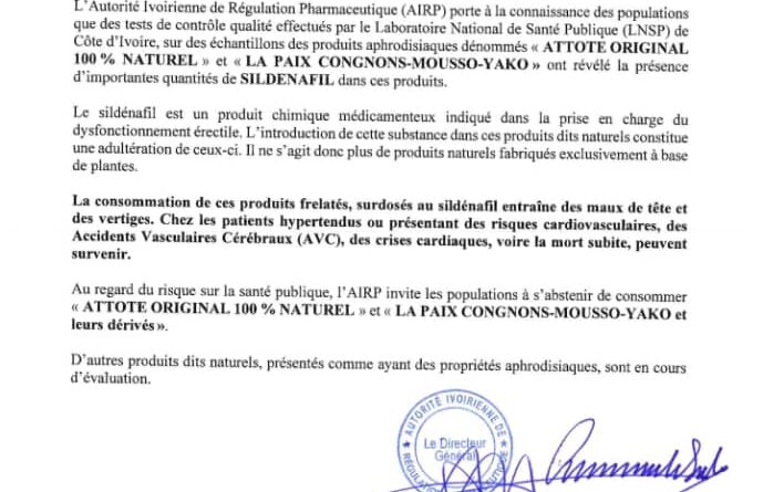 L’AIRP alerte sur la présence du Sidenafil dans « ATTOTE ORIGINAL 100% naturel  » et « LA PAIX CONGNONS-MOUSSO-YAKO »